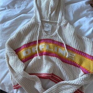 aerie Cream Knit Hoodie Sweater with Yellow and Pink Stripe